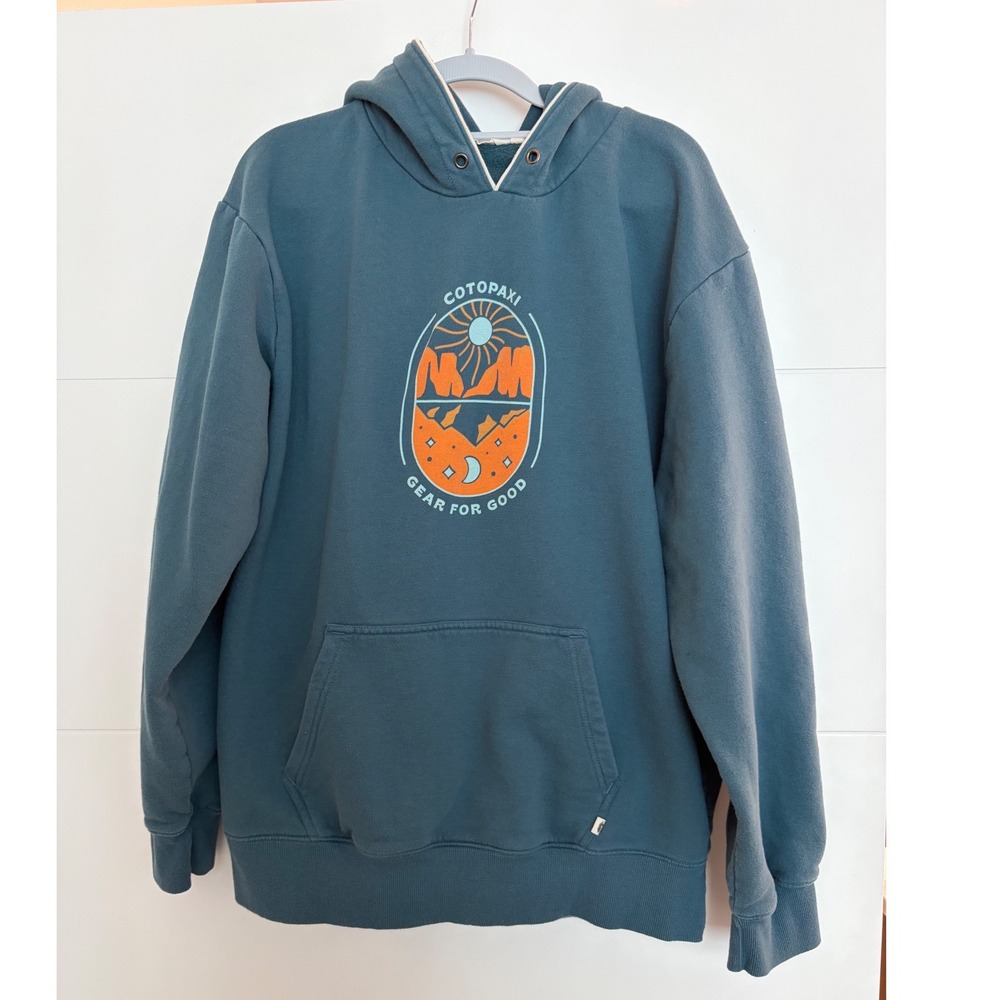 Cotopaxi Graphic Hoodie Blue XL Organic Cotton Pullover Outdoor Hiking Camping